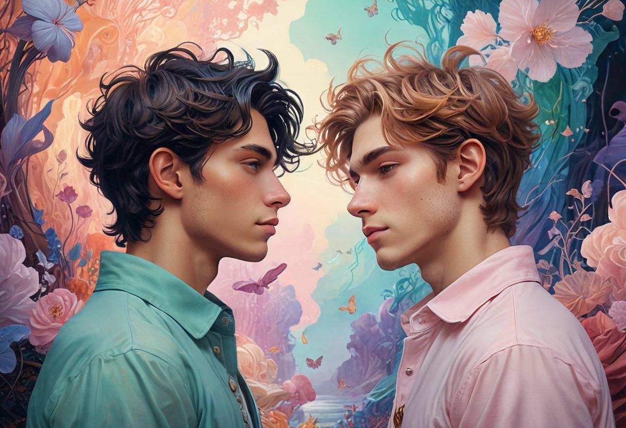 A sensual and artistic representation of two young male characters in an intimate setting, surrounded by fantastical elements symbolizing love and desire. The background features soft pastel colors and abstract shapes that evoke passion and curiosity. The characters are depicted with expressive faces, showcasing vulnerability and emotion, while intricate details suggest a world where fantasy and desire intertwine. Emphasize the themes of connection and exploration. vibrant colors. dreamy atmosphere. digital art.
